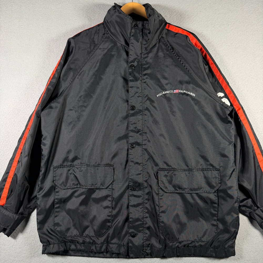 Polo Jeans Co Ralph Lauren Mens Black Red Stripe Nylon Windbreaker Jacket M